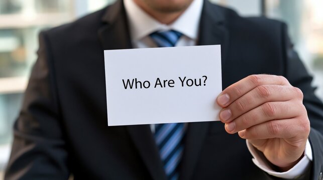 Businessman poses the question Who Are You on a card.