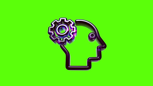 Purple neon outline human head silhouette with a spinning gear symbol representing thinking and ideas