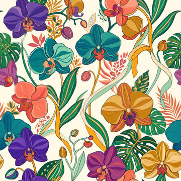 Orchid Delight: A vibrant and exotic seamless pattern featuring a rich collection of orchids in various captivating hues, interspersed with lush green tropical leaves.