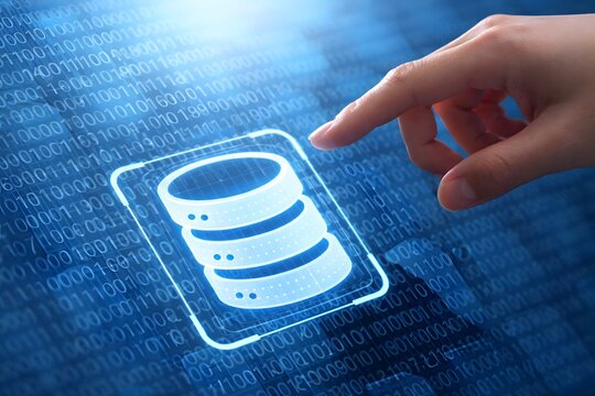 Database technology for data processing and big data analysis. Storage for binary data and files. Hand touching database icon.