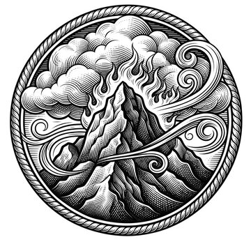 Vintage engraving style round medallion illustration of a mountain with fire and wind swirls