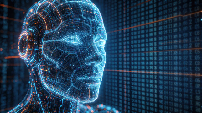 Blue light head profile shows digital data structure overlaying human face. Glowing circuit lines map complex thought process inside mind area. Abstract tech art concept for future intelligence.