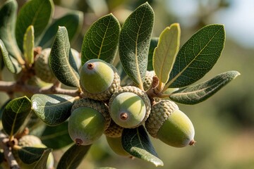 Naklejka premium Macro view of green Kermes oak fruits, leaves on branch. Close up shows detailed leaf veins, texture of young acorns. Mediterranean wild plant grows in Cyprus forest, natural botanical flora, summer