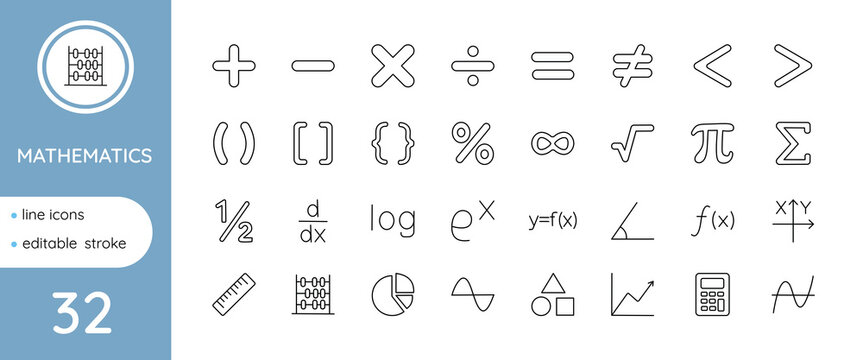 Mathematics linear icon set &ndash; editable stroke, vector