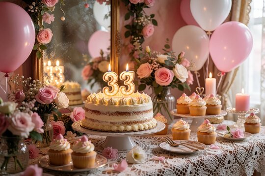 Elegant birthday party setup with delicious cake, cupcakes on lace tablecloth. Pink balloons, roses, lit candles decorate festive table for 33rd anniversary celebration. Sweet dessert treats with