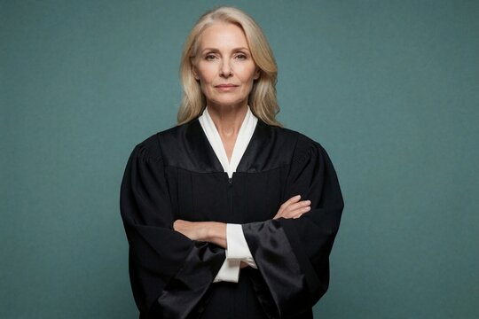 Mature woman judge stands with crossed arms in a black judicial robe against a teal studio backdrop. She conveys authority and confidence, representing the legal profession and justice system.