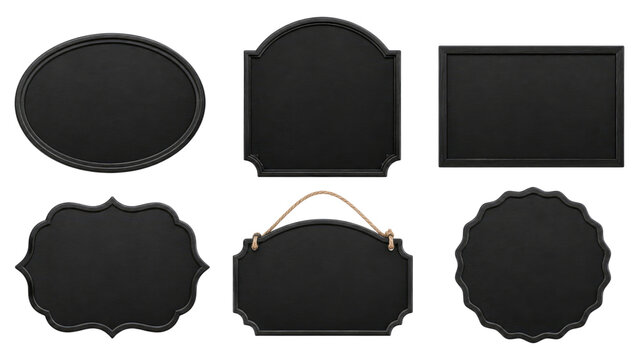 Set of six blank black chalkboard signs in varied decorative shapes, including oval, rectangular, scalloped, round and hanging designs on a transparent background