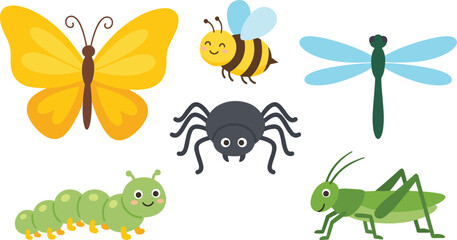 Fototapeta premium Cute insect vector cartoon character set with butterfly bee dragonfly spider caterpillar and grasshopper