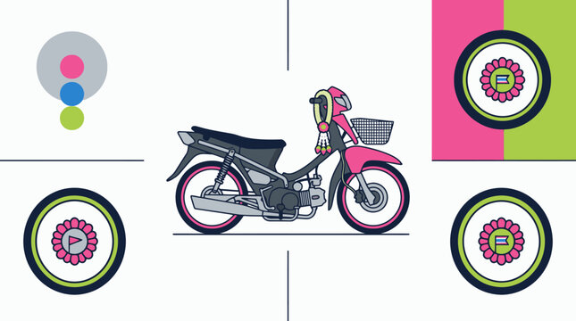 Cute Pink Moped Scooter Illustration with Decals. EPS Editable