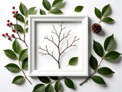 Flat lay arrangement featuring a bare tree branch within a white frame. Green leaves and red berries surround the composition, with a pinecone accenting the side. Simple nature scene.