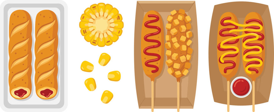 Korean corn dog vector set with sweet corn kernels potato crusted skewers and ketchup sauces