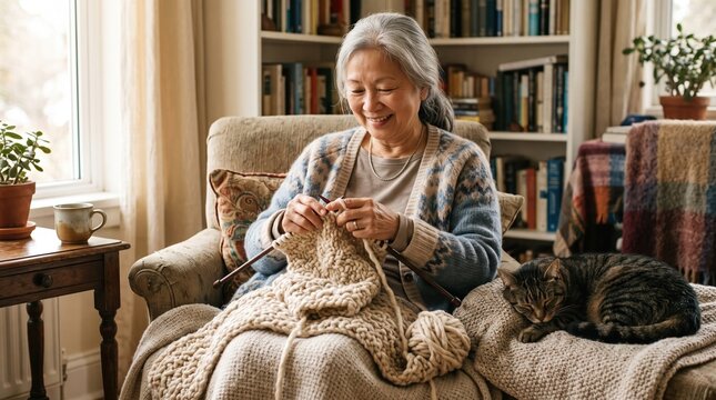 Senior woman knits wool blanket in cozy armchair with cat. Knitting serves as meditative practice for mental wellness. Ideal for healthcare or senior lifestyle content.