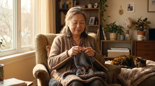 An elderly woman knits a colorful wool garment in a sunlit living room. This scene reflects the meditative power of creative hobbies. Perfect for wellness and lifestyle content.