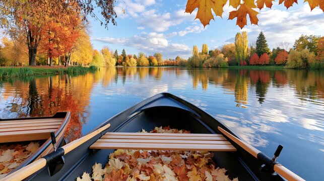 Two canoes rest on calm water with colorful autumn foliage reflected on the surface.