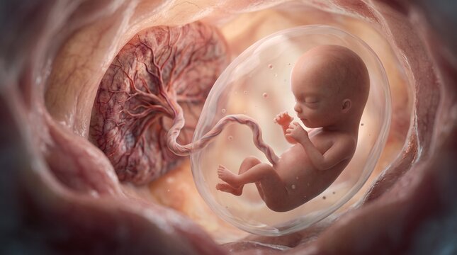 3D medical rendering of a developing human fetus resting inside the amniotic sac within the uterus. The umbilical cord clearly connects the baby to the placenta on the uterine wall.