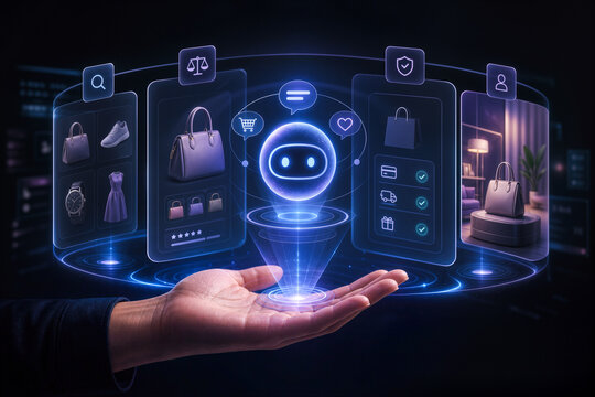 Agentic shopping assistant hologram in hand showcasing autonomous dialogue led ecommerce layers for adaptive branded product search comparison and checkout guidance conceptual