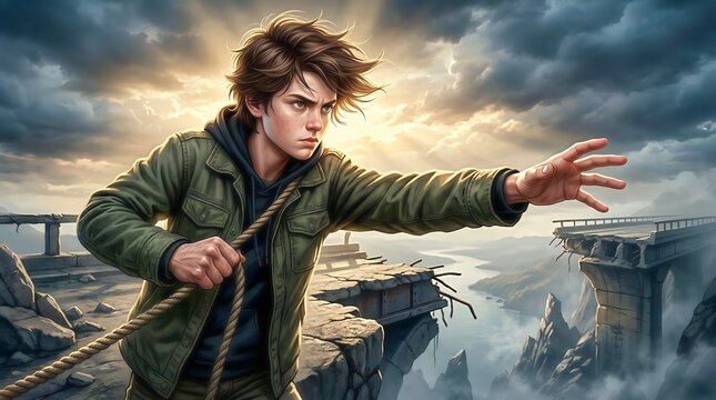Concept of Courage and Determination: Young Man Holding Rope and Reaching Across Broken Bridge Edge Under Dramatic Sky