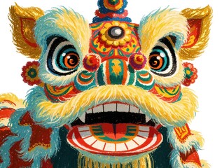 Naklejka premium Colorful lion dance head illustration for Lunar New Year. Traditional Chinese lion mask with big eyes, bright patterns. Festive oriental dragon mascot symbol for Asian culture celebration. Vibrant