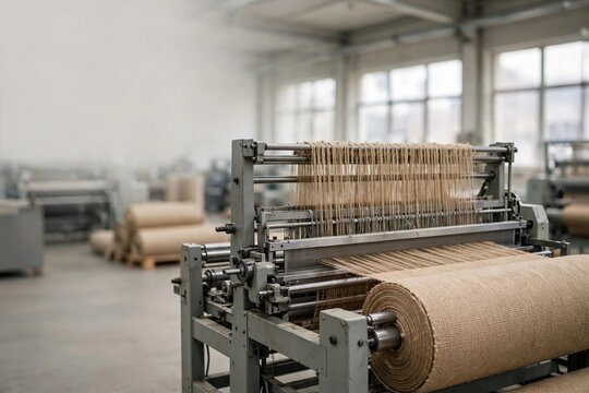 Industrial loom machine weaving natural jute fiber fabric roll in textile mill factory
