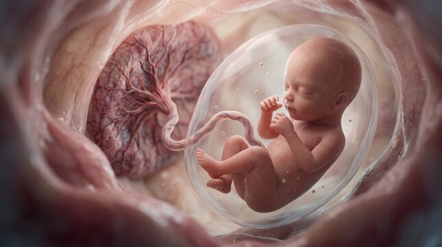 3D medical rendering of a developing human fetus resting inside the amniotic sac within the uterus. The umbilical cord clearly connects the baby to the placenta on the uterine wall.