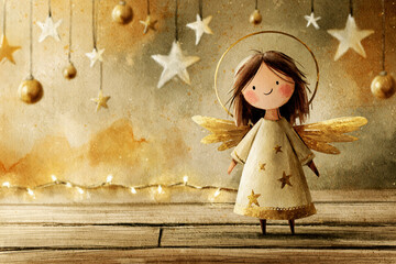 Naklejka premium Cute Christmas Angel Watercolor Background – AI Generative