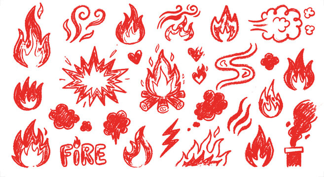 Hand-drawn red fire icons set. Sketchy flame doodles and smoke clouds. Comic style explosion and bonfire vector illustrations for creative design.