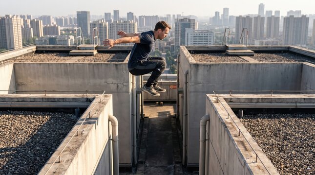 A young man in athletic clothing performs a parkour jump across a gap between two concrete rooftops, with a blurred cityscape of tall buildings in the background, under daylight