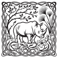 Fototapeta premium Ornate Art Nouveau Rhinoceros Illustration with Botanical Whiplash Floral Patterns and Ornamental Frame in Black and White Line Art Style