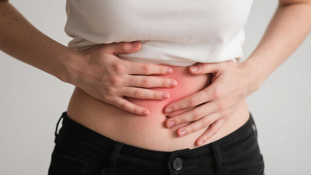 Pelvic pain stomachache concept. Hands of young woman on stomach as suffer on menstruation cramp, indigestion,gastrointestinal,diarrhea problem