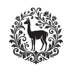 Fototapeta premium Elegant Llama Silhouette in Ornate Victorian Frame with Filigree Flourish and Ornamental Scrollwork Design