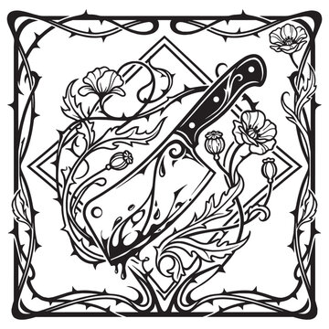 Art Nouveau Botanical Ornamental Cleaver Illustration with Floral Whiplash Patterns and Poppies