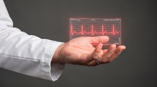 Doctor presenting a holographic electrocardiogram display over a patients hand showing a normal sinus rhythm