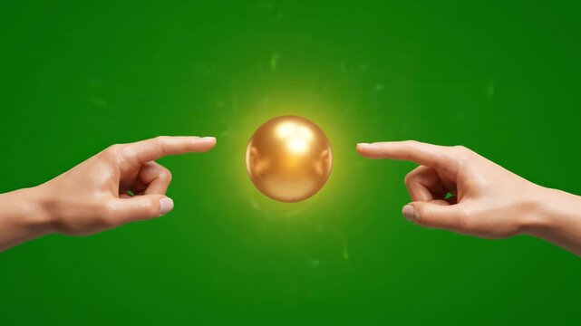 Conceptual 3D animation of two hands reaching toward a glowing golden sphere on green background