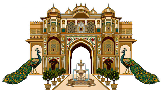 An ornate mughal garden palace facade with flanking peacocks is depicted in a detailed vector illustration architecture indian historical