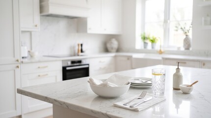 Fototapeta premium Modern White Kitchen with Marble Countertop and Table Setting for Home Design