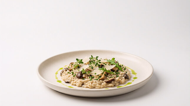 Creamy mushroom risotto presented elegantly on a white plate and garnished with fresh herbs, creating a sophisticated modern restaurant dining concept with minimalist styling