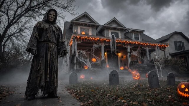 Grim Reaper Standing in Front of a Spooky Haunted House with Pumpkins and Fog, Seasonal Halloween Yard Decorations