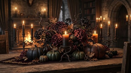 Fototapeta premium Chic halloween table setting featuring candles pumpkins dark botanical arrangements perfect festive celebrations