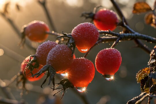 Rose hips with frost and water drops at sunrise