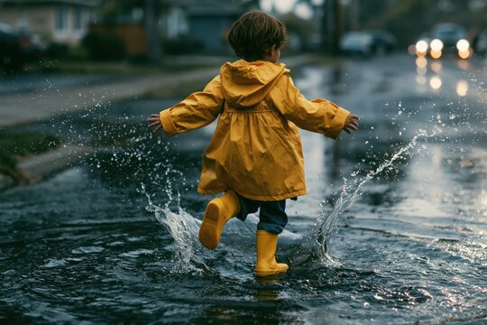 Child playing and jumping in a puddle splashing water