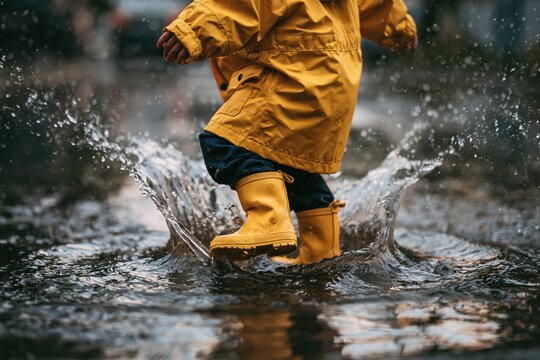 Child playing and splashing in a puddle during rain
