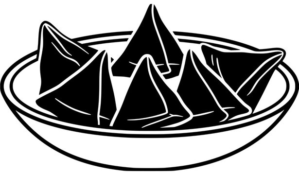 Black and white samosa bowl vector illustration of popular Indian snack