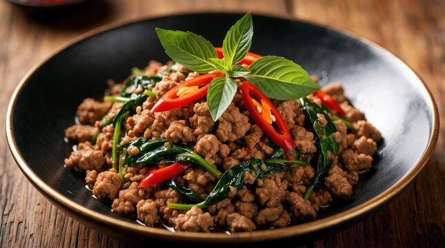 Thai stir fried minced pork with holy basil, red chili in black bowl. Spicy pad gaprao moo dish served on wooden table. Traditional Asian cuisine features fresh herbs, garlic, savory sauce for