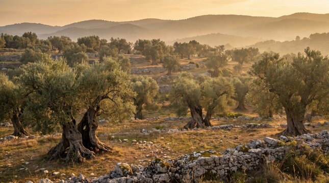 Ancient olive grove with gnarled tree trunks on a hillside, featuring dry stone walls under a hazy golden sunset sky in a mediterranean landscape