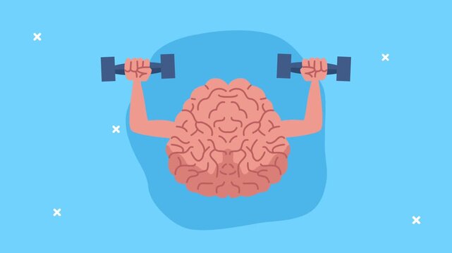Brain lifting weights to show mental strength and brain training concept with motion.