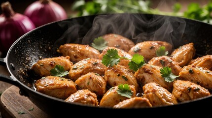 Fototapeta premium Spicy marinated chicken pieces sizzle hot in black pan. Steam rises from aromatic food meal cooking process. Fresh herbs garnish juicy protein ready for dinner.