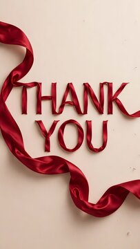 Minimal THANK YOU Greeting with Flowing Red Satin Ribbon on Warm Beige Background