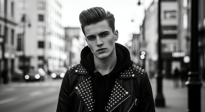 Young man with modern pompadour hairstyle wearing black studded leather jacket standing on urban city street in black and white photography