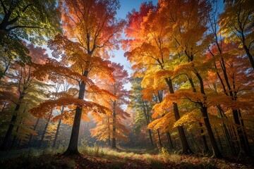 Obraz premium Sunlight streams through Wisconsin forest canopy in autumn. Vibrant orange, yellow, and red maple leaves blanket the ground. Tall trees with colorful foliage create a magical fall scene.