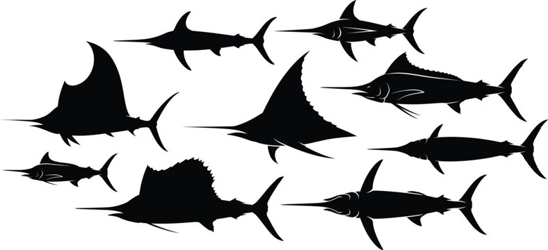 A collection of black silhouettes featuring various species of billfish sailfish and marlin swimming in a group